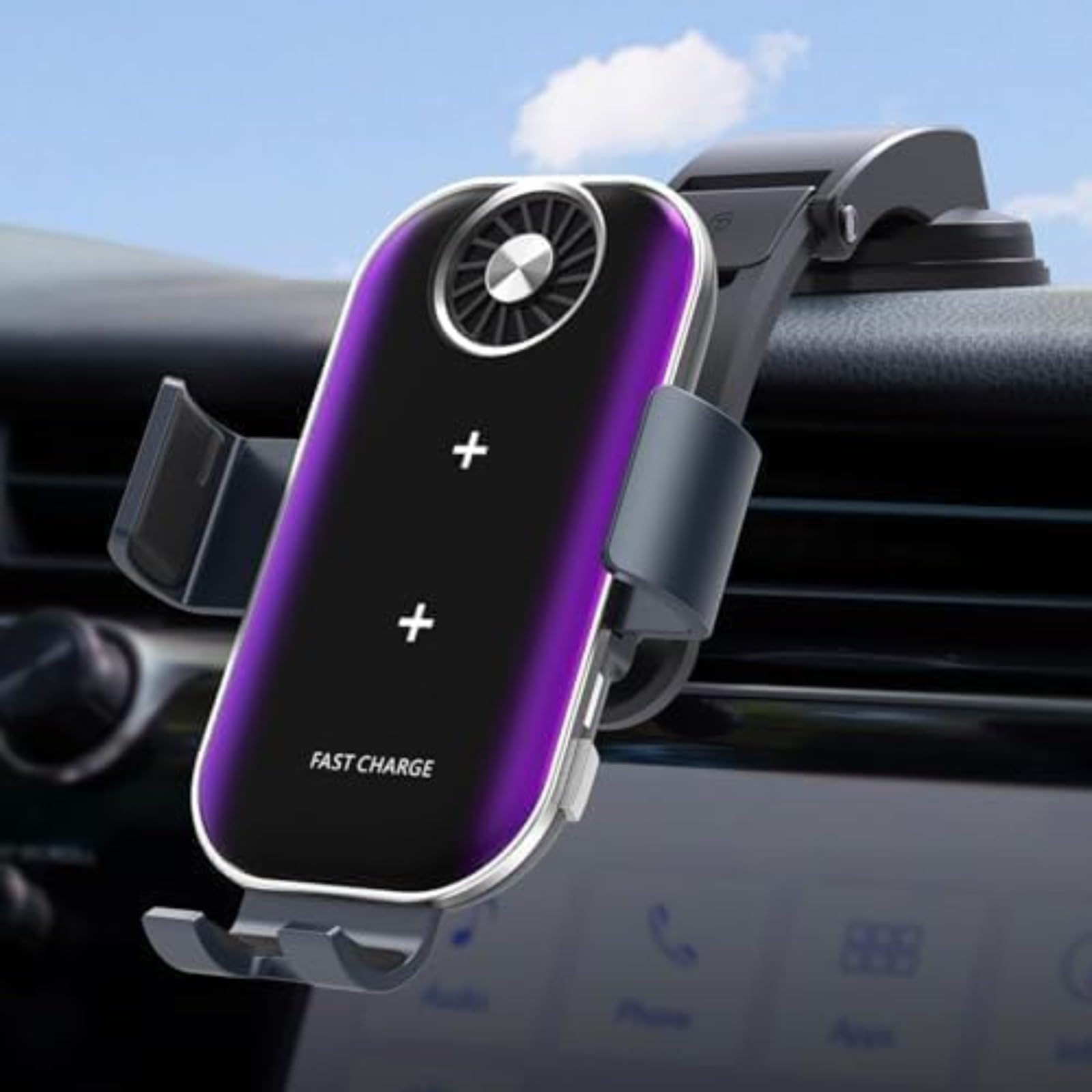 TOOWOOスマホホルダー 車 ワイヤレス充電器 静音冷却ファン付き 自動開閉 車載スマホホルダー 車載ワイヤレス充電器 車 スマホスタンド 15W急速充電 エアコン吹き出し口用クリップ/粘着式吸盤 iPhone 15-8シリーズ,Galaxy 24/23/22シリーズなど/Z Flip/Noteシリーズ,Google Pixel 4-6シリーズなどQi機種対応