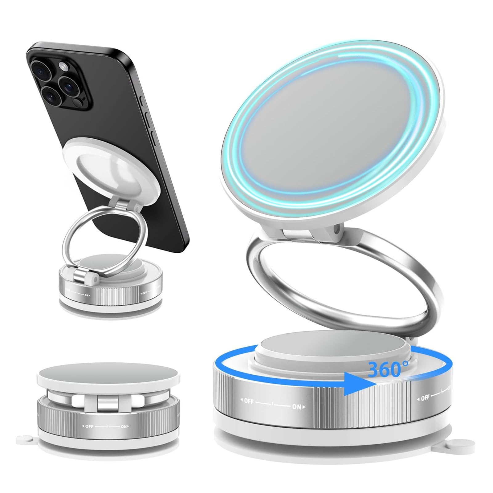 EvoAce スマホホルダー 車 マグネット【真空ゲル吸盤+超強力N55磁石】マグセーフ対応 車載スマホスタンド 360°多角度調節&片手操作 折りたたみ式 高級アルミ合金製 iPhone&Android全機種対応 多車種が対応 車用品 安定吸着 安定感 1秒着脱 磁気式 カー用品 日本語説明書（ホワイト）