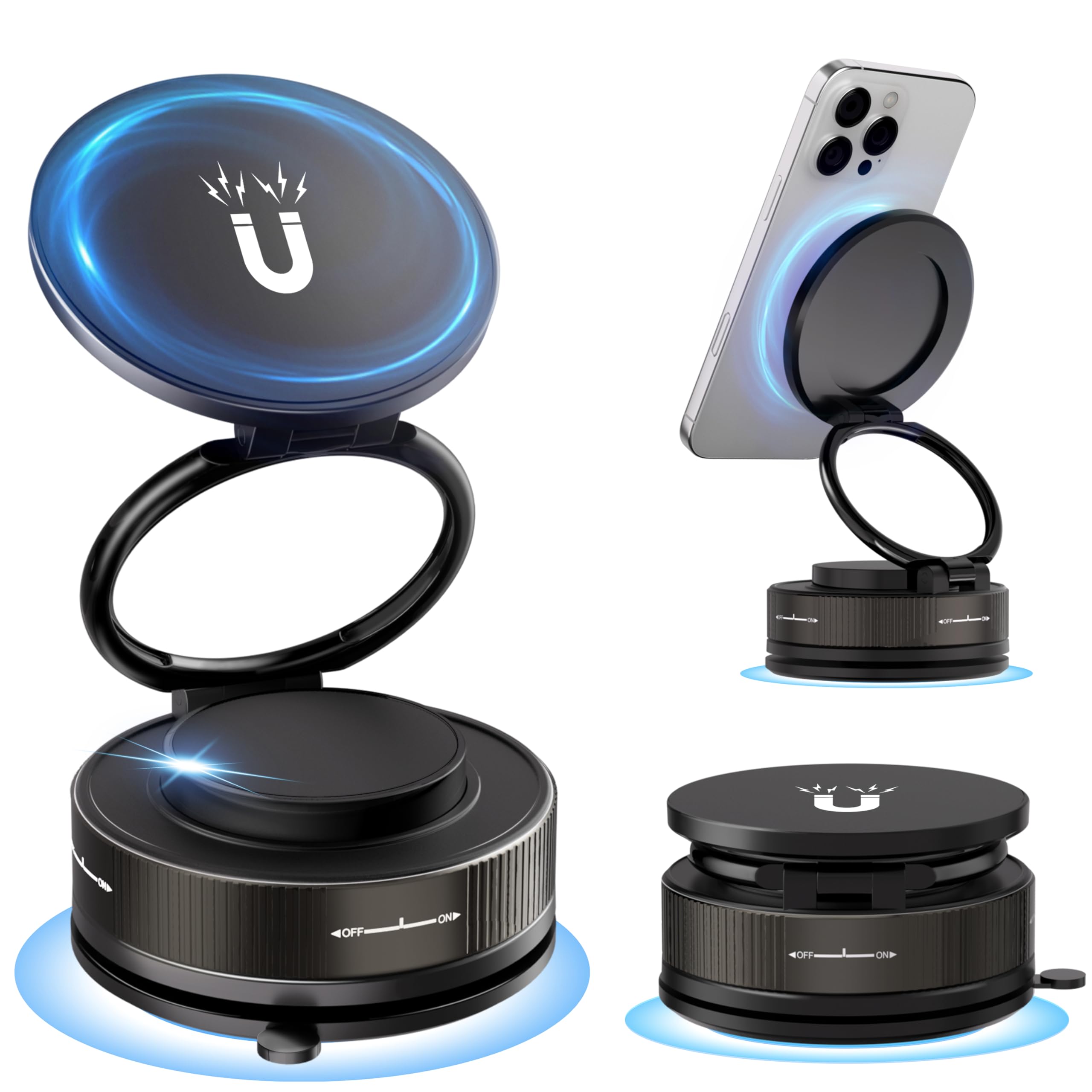 スマホホルダー 車 マグネット【真空吸盤+24×N55磁石】Mag-safe車載スマホホルダー 360°回転式 スマホスタン 片手操作 1秒で着脱 スマホスタンド 安定性 軽量 多角度自由調節 車用品 携帯ホルダー 折りたたみ式iPhone16/iPhoneSE/Sony/Samsung/HUAWEI/Google/iPhone&Android全機種と多車種が対応 (ブラック)