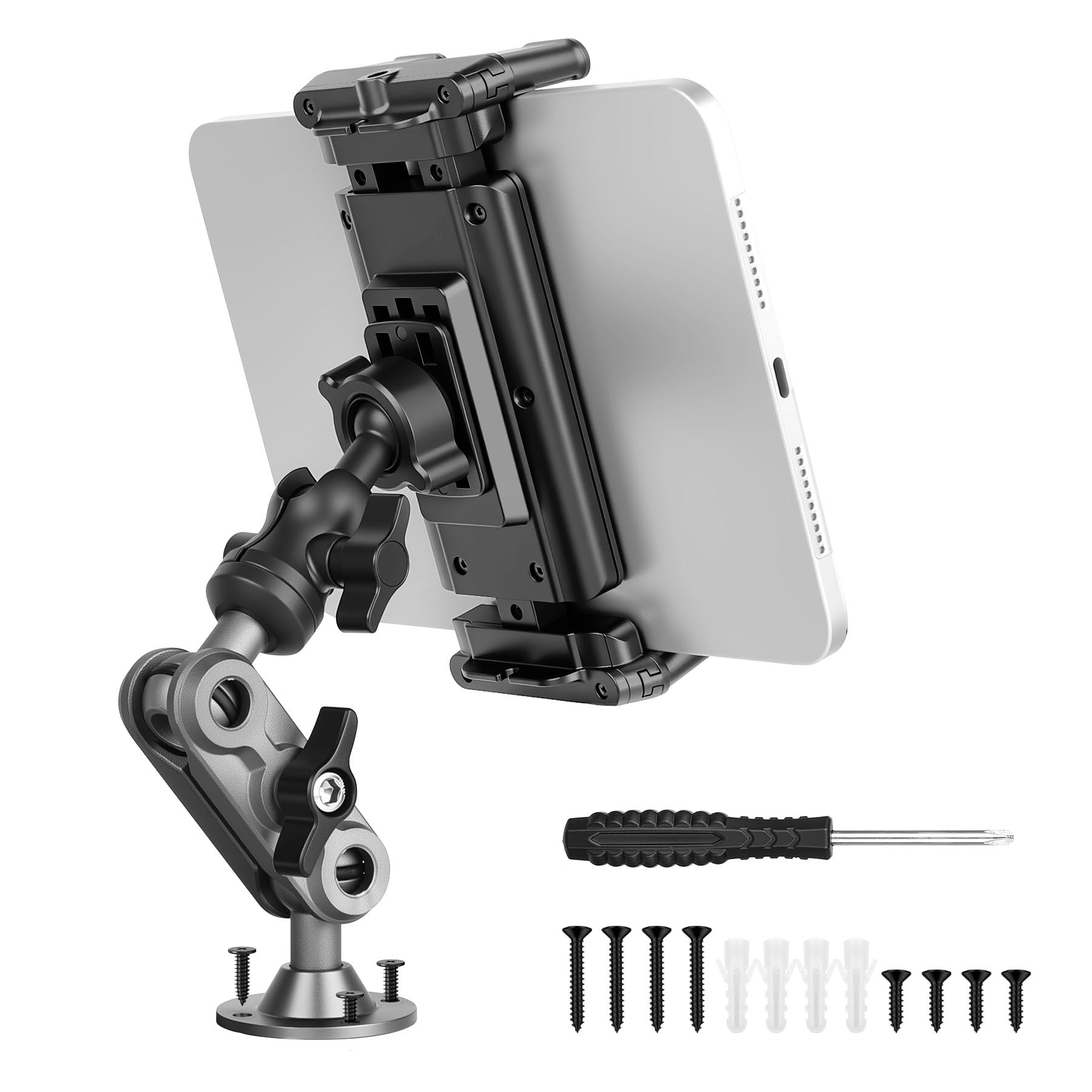 Evekea (イブケア) アルミニウム 高耐久 ドリルベース タブレットホルダー トラック用 iPadマウント デスクカー トラック ボート 商用車用 360度調節可能 2ステージスタンド 4.7~12.9インチのiPad Pro/Air/Mini/Samsung Galaxy Tab用