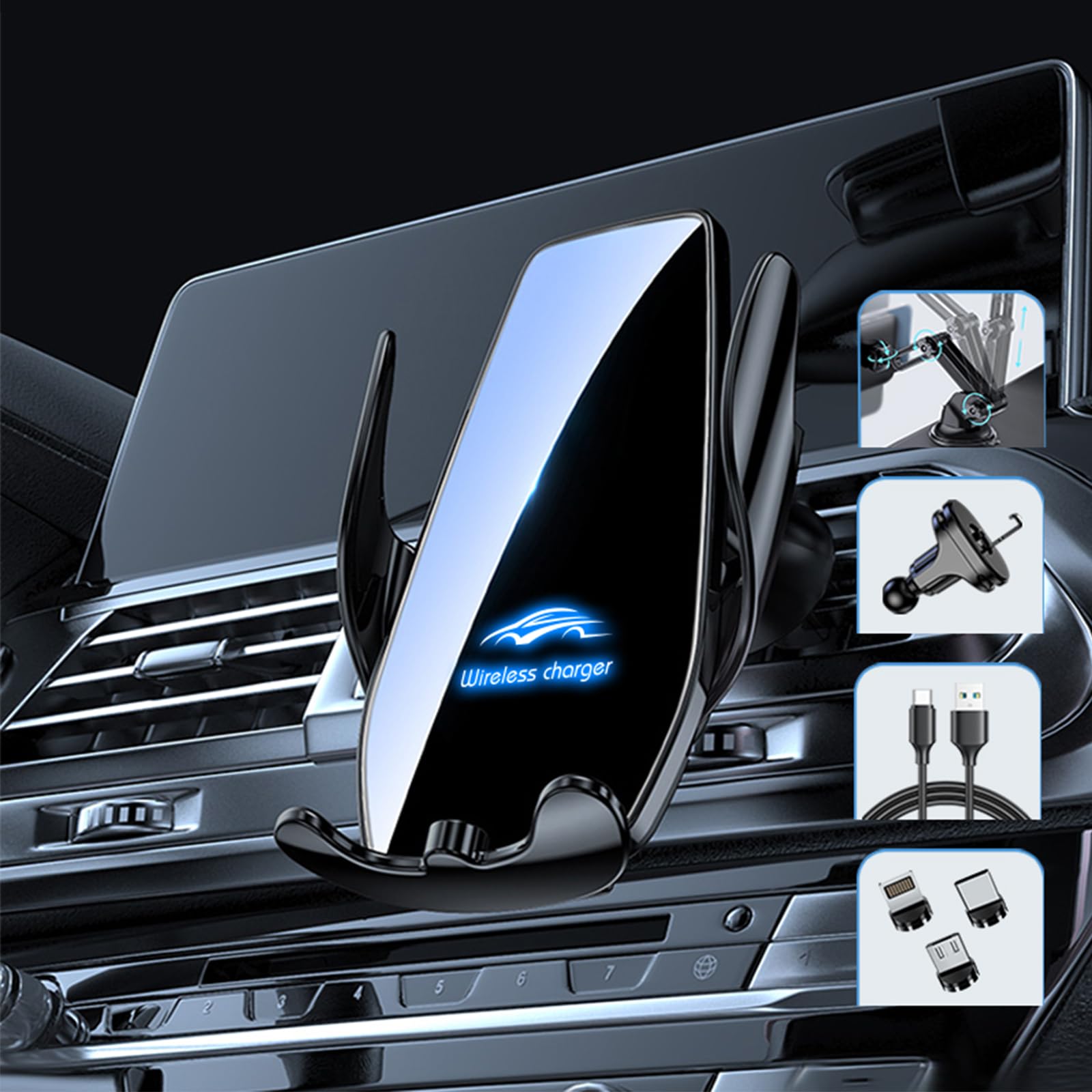 ビー エム ダブリュー X1 U11 2020-2023 スマホホルダー ワイヤレス充電 携帯ホルダー 取付け簡単 車載ワイヤレス充電器 自由調節 車載ホルダー 吸盤式＆吹き出し口類取り対応 ワイヤレス充電ホルダー 片手操作 車スマホスタンド 4.7-6.8インチ全機種対応 (black)